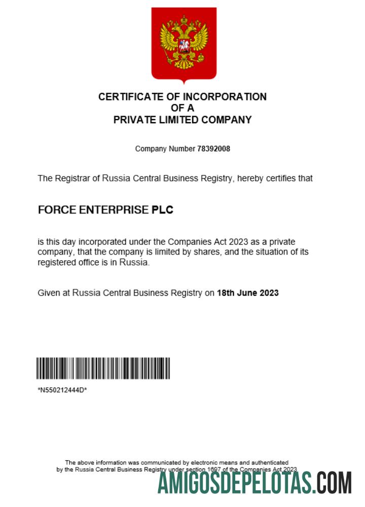 Modelo realista de certificado de registro comercial na Rússia em Word e PDF